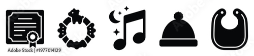 Essential pack of award certificate, festive wreath, musical notes with moon, warm winter hat, and baby bib symbols ideal for app interfaces, educational content, and celebratory promotions.
