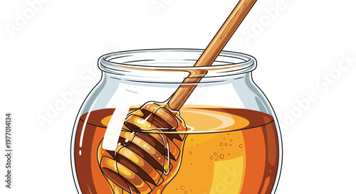 Clear glass jar full of golden organic honey with a wooden honey dipper inside isolated on white background.