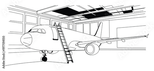 Passenger jet airplane undergoing inspection in a large aircraft hangar with a ladder for maintenance, perfect for aviation industry publications and travel related presentations