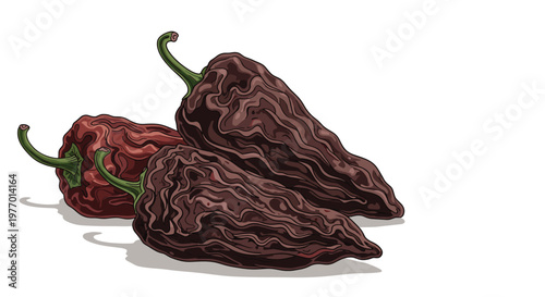 Group of dried dark red ancho chili peppers with wrinkled skin and green stems isolated on a white background with soft shadows.