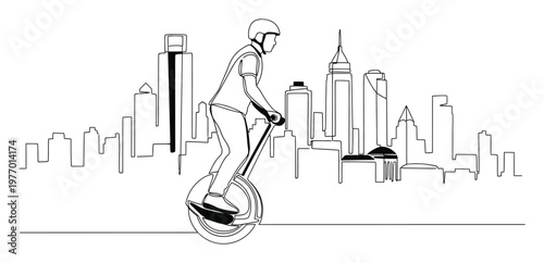 Dynamic one line drawing of a person riding a unicycle with a helmet in front of a modern city skyline, perfect for symbolizing urban mobility and sustainable transportation solutions.