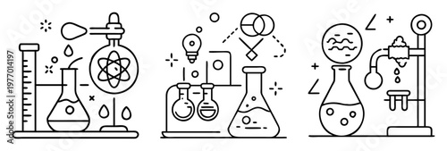 Black and white science illustration featuring laboratory glassware and chemical experiments