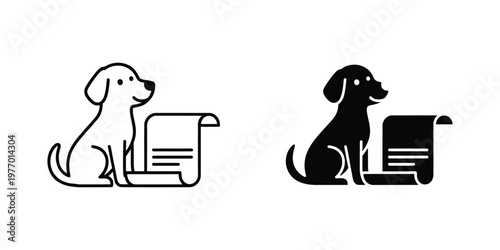 Two set dog sitting next to a document scroll set, black and white