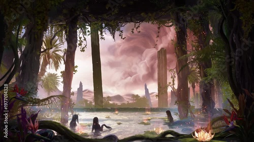 An ancient oriental temple, ruins in an oasis entwined with vines. Inside there is a pool with mermaids who are watching an impending sandstorm in the desert. clean looped 2d animated art 