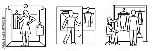 Illustration depicting fitting rooms with individuals trying on clothes and shopping