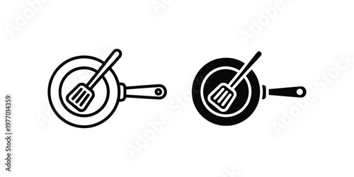 Two set frying pan and spatula outline and solid black set