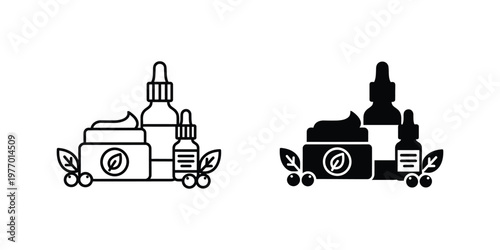 Two set organic skincare product with cream jar, dropper bottles, and leaves