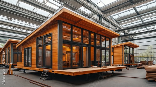 production wooden houses at a modern production facility