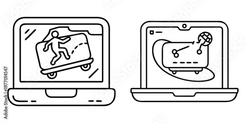 Two Laptop Illustration Showing Stick Figure Riding Box and Credit Card Security