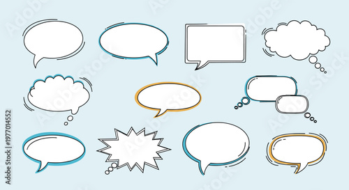 Collection of twelve different hand drawn speech bubbles and thought clouds in various shapes with blue and orange accents.