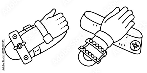 Two illustrations of hands attached to medical wrist brace devices for support