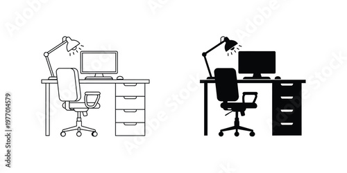 Two set outline and silhouette of a computer desk with chair and lamp