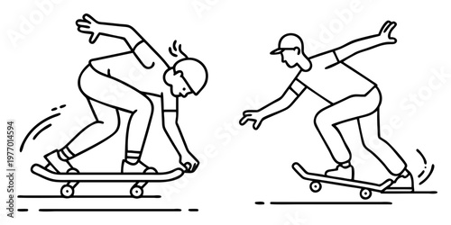 Two line drawing skateboarders riding skateboards and reaching for the ground illustration