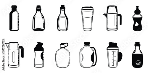 Diverse hand drawn collection of liquid containers including drinking bottles coffee tumblers thermoses kettles and shakers ideal for health wellness product advertisements and food