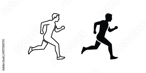 Two set running man outline and solid black silhouette figures