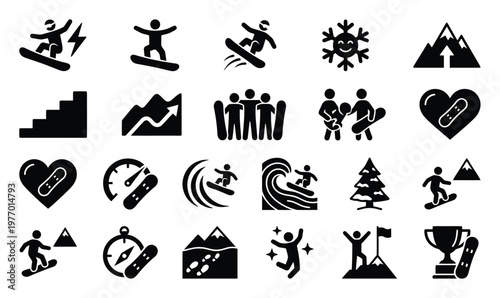 Dynamic collection of snowboarding and winter sports vector glyph icons representing active lifestyle, speed, adventure, mountain exploration, health, and competitive achievement for