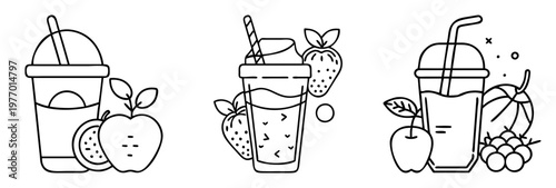 Line art illustrations of three different fruity smoothies with straws