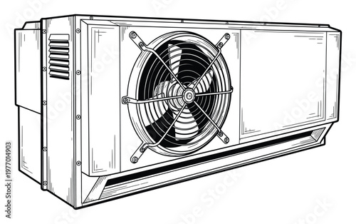 Black and white line drawing of an outdoor air conditioning unit with a large fan and vents, perfect for HVAC system diagrams, technical manuals, or industrial equipment illustrations