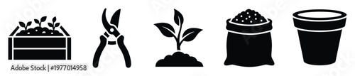 Comprehensive set of gardening related icons including essential tools plants and supplies perfect for horticulture themed applications websites and educational materials