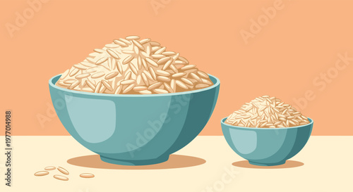 Two ceramic bowls filled with long grain brown rice sitting on a light colored table against an orange background.