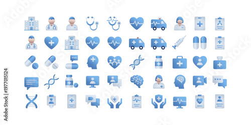 Medical and Healthcare Icon Set soft 3D, Modern Blue Gradient Vector Symbols for Hospital, Wellness, and Telemedicine Apps