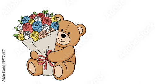 Adorable brown teddy bear holding a large bouquet of colorful rolled roses wrapped in paper with a red ribbon.