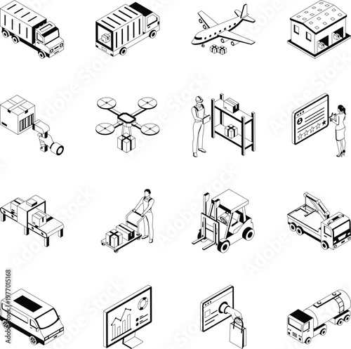 Collection of Logistics and Retail Isometric Style Icons 
