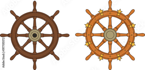 Ship's Wheel Illustration Set Featuring Classic Wooden and Decorative Starred Helm Designs in Vector Format