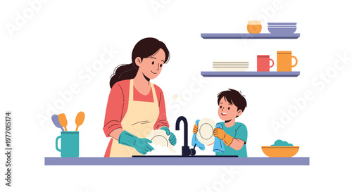 Sweet scene of a mother and her young son wearing yellow gloves while washing and drying dishes together in a modern kitchen.