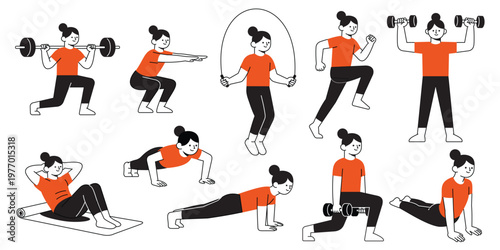 Vector set of women performing various fitness and gym exercises. Minimalist line art with orange accents featuring squats, lunges, push-ups, weightlifting, jumping rope, and yoga poses.
