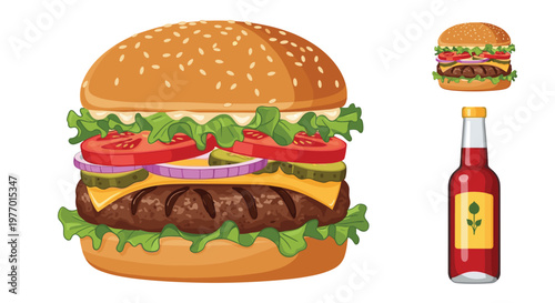 Large delicious hamburger with lettuce, tomato, onion, and pickles shown next to a small burger icon and a bottle of ketchup.