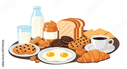 Full breakfast spread including fried eggs, toast, milk, cookies, croissant, peanut butter, and a hot cup of coffee.