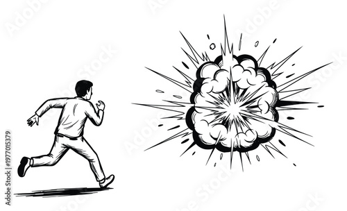 Man running away from a powerful explosion cloud in a dynamic comic book style for actionpacked storytelling or dramatic visual content