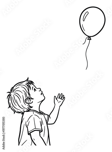 Adorable young child gazes upward with outstretched hand towards a light floating balloon, capturing innocence and aspiration for use in heartwarming stories or learning applications.