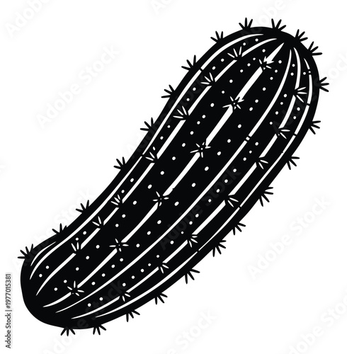 Black silhouette of a desert cactus plant with spiky texture and striped ridges, perfect for botanical themes, nature projects, or minimalist design elements in various graphic applications.