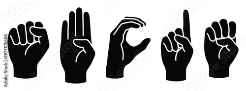 Sign language alphabet hand gestures representing letters A B C D I for learning and understanding deaf communication symbols and educational resources