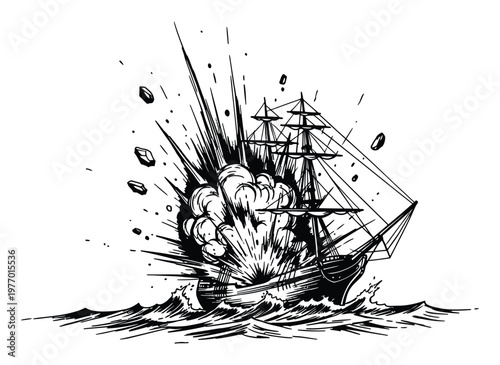 Vintage naval vessel suffering a powerful explosion on choppy waters, dynamic black and white linework perfect for historical books or game graphics.