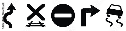 Comprehensive set of essential road safety symbols and clear directional traffic signs featuring winding road, railway crossing, no entry, right turn, and slippery road for driver education.