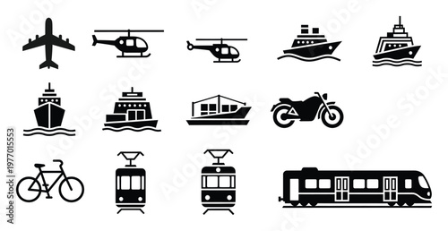 Comprehensive collection of diverse transportation vehicle icons including air land and sea for modern travel infographics web design and application development projects