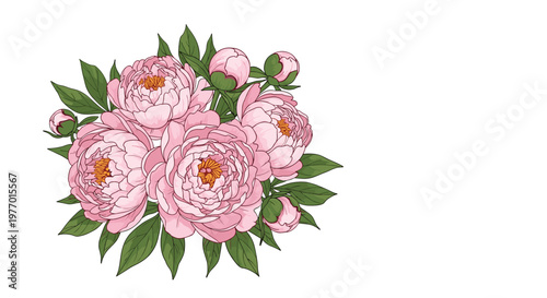 Beautiful bouquet of soft pink peonies with green leaves and closed buds arranged in a dense floral composition.
