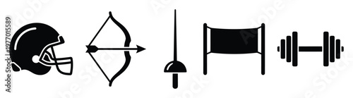 A comprehensive collection of sports equipment icons, including a football helmet, bow and arrow, fencing sword, soccer goal, and dumbbell, perfect for illustrating various athletic