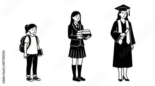 Three stages of a female's educational journey from young student to graduate.