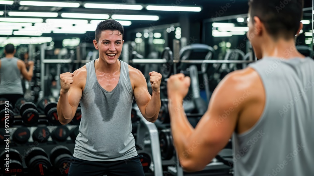 Obraz premium Sweaty Nonbinary Person Celebrating Workout Success in Front of Gym Mirror