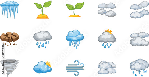 Weather and Nature Element Illustration Set Featuring Clouds, Rain, Tornado, Sunshine, and Plant Growth in Vector Design