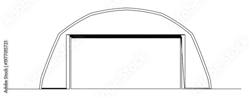 Minimalist outline of an arched Quonset hut storage building with a large rectangular entrance, suitable for architectural diagrams or industrial construction project visuals