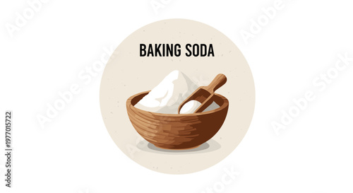 Wooden bowl overflowing with white baking soda powder with a small wooden scoop against a circular beige background.