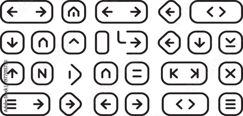 Icons representing navigation and interface controls are displayed in a structured grid for use in modern web design and mobile application software development project layouts.