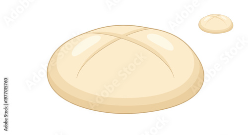 Large round loaf of unbaked bread dough with a cross cut on top shown from two different perspectives on white.