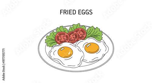 Plate of two sunny side up fried eggs served with fresh lettuce and sliced tomatoes for a healthy breakfast.