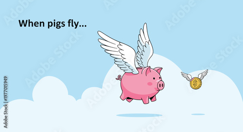 Playful illustration of a pink piggy bank with wings flying towards a winged gold dollar coin in a cloudy blue sky.